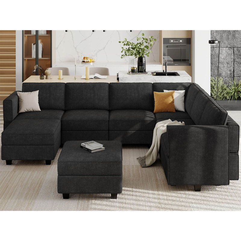Canapé modulaire réversible en coin avec repose-pieds de 116,6 po Kimbrel, 100 % polyester noir