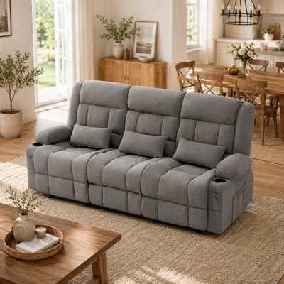 3-Seat Recliner Sofa Home Theater Sofa with Cup Holders and Storage Pockets, Dual-Side Manual Reclining Couch to 150 with Footrest & Lumbar Pillow