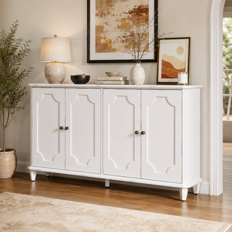 Buffet 60 po avec rangement, grande console d'entrée avec 4 portes et tablettes réglables, armoire de rangement décorative pour salle à manger, salon et cuisine