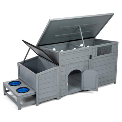 Niche pour chien en bois gris avec cage clôturée, bol à nourriture et boîte de rangement, évents de toit ouverts, un refuge sécuritaire pour les animaux de compagnie