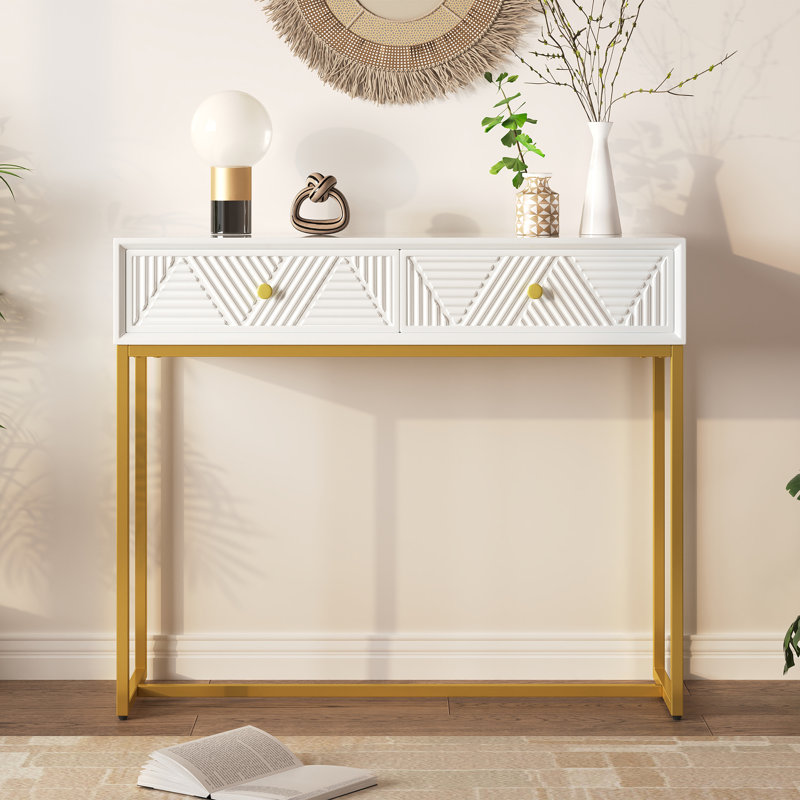 Modern console table with two storage drawers & stripe design, sleek entryway sofa table for living room & hallway, white