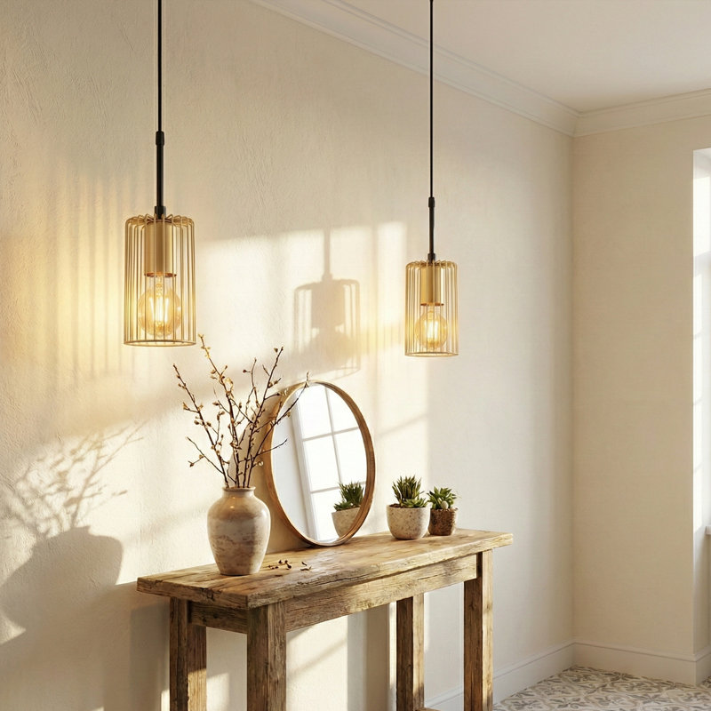 Luminaire suspendu cylindrique 1 lumière à hauteur réglable avec capuchon en métal, Or brillant