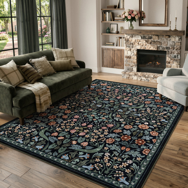 Tapis lavable à motif floral Kaldi, Noir, Rectangle 6' x 9'
