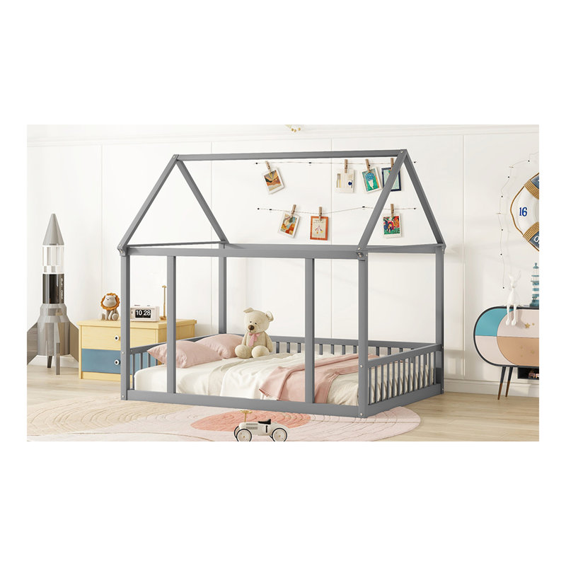 Lit double en bois avec cadre de toit et garde-corps de sécurité, gris
