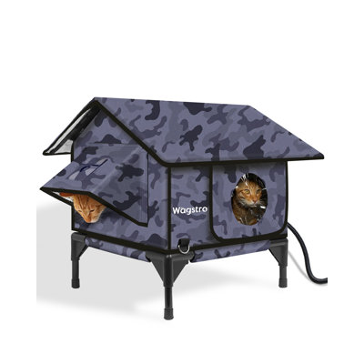 Waterproof Heated Cat House , Eco-Friendly, With Insulated Heating Pad, Escape Tunnel & Elevated Design For Safety Durability-Black Camouflage