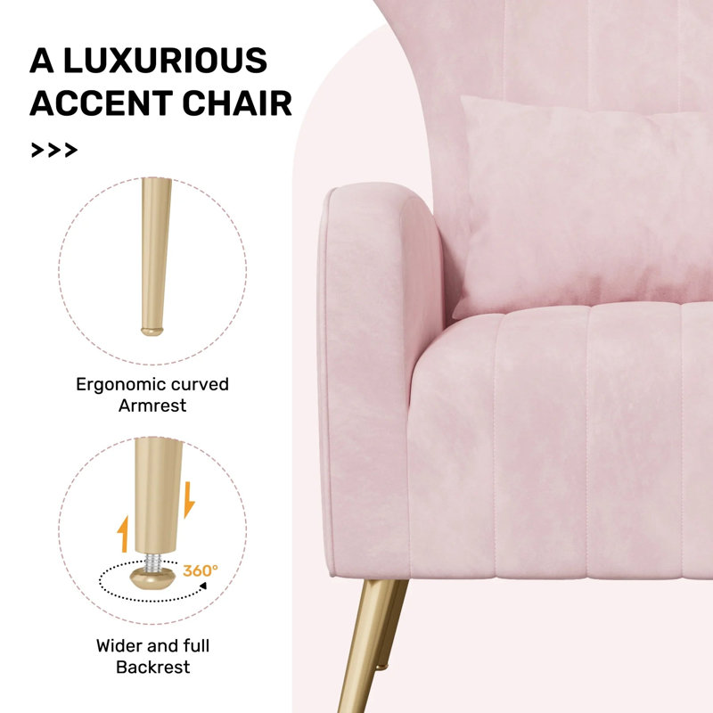 Fauteuil d'appoint Mid-Century rembourré en tissu de velours, Rose