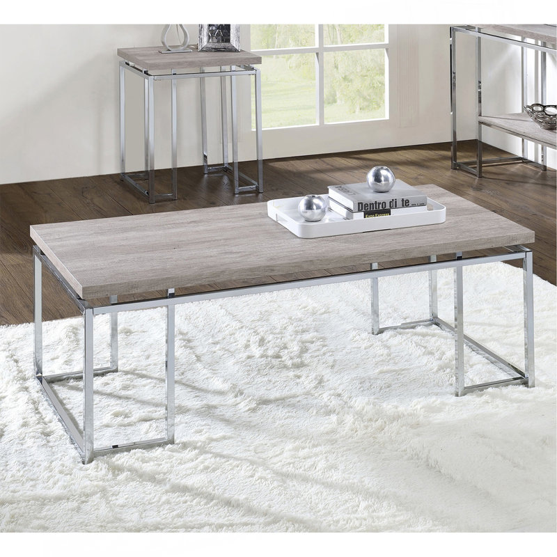 Table basse rectangulaire avec base en métal, chêne naturel et chrome