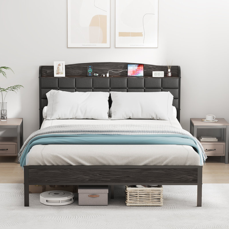 Upholstered Bed Frame with Open Storage Headboard, Charging Station, Double (4'6)