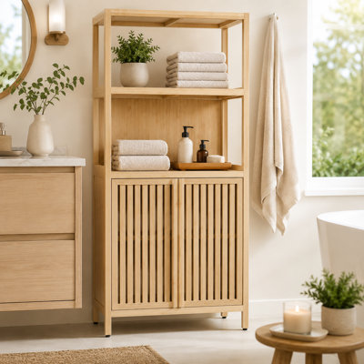 Solid Bamboo Storage Cabinet with Doors and Open Shelves