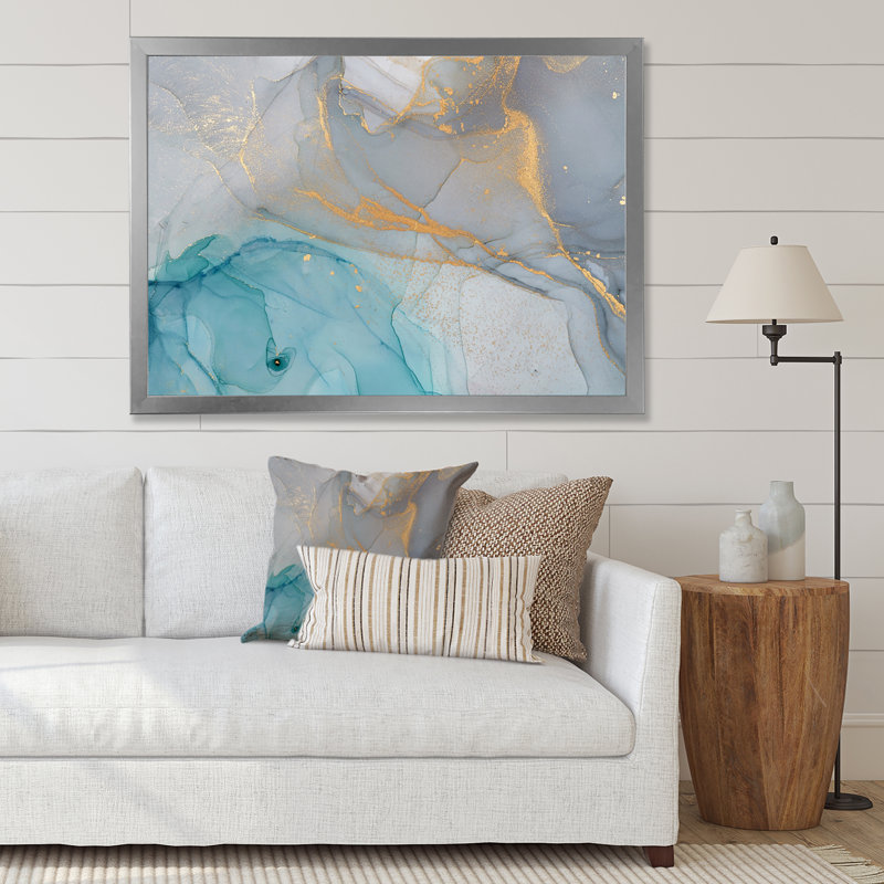 Encre liquide turquoise et bleue - Peinture sur toile, Impression encadrée, H 24 po x l 32 po, Argent