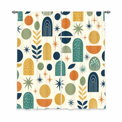2Pcs Abstract Geometric Curtains, Light Filtering Fabric, Mid-Century Modern Circles and Arches Print, Sunshade Privacy Protection, Rod Pocket Design, Suitable for Living Room, Bedroom, Balcony, Kitchen Home Decor