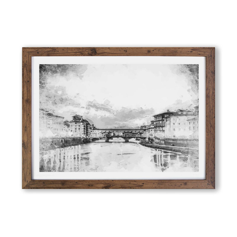 Ponte Vecchio Bridge in Florence Italy - Picture Frame Painting Print on Paper, 24cm H x 33cm W x 2cm D, Walnut