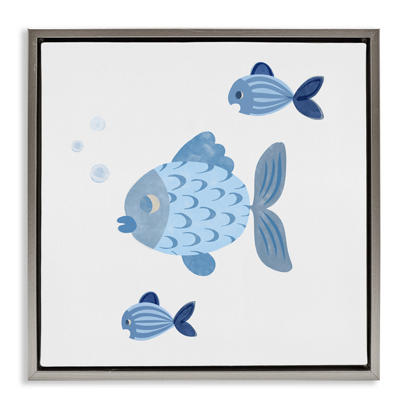 «Minimal Blue Fish» par Carrie Cantwell, Cadre flottant gris lustré, H 18 po x l 18 po