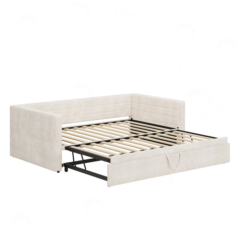 Structure de lit simple rembourrée avec lit gigogne allongé, Beige