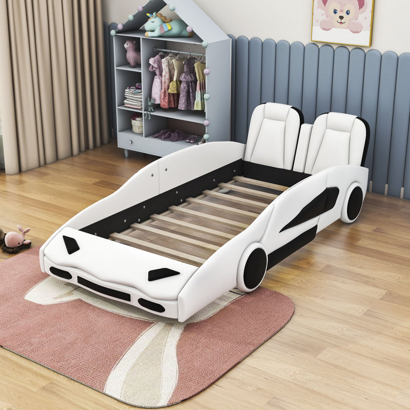 Agurne Twin Size Wooden Platform Bed with Wheels, White