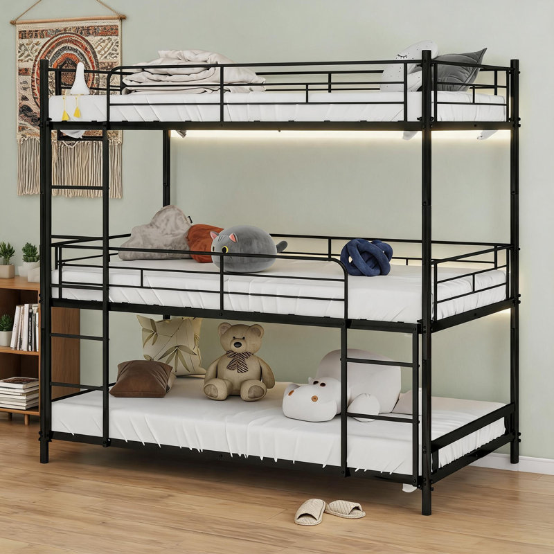 Structure de lit superposé triple robuste en fer noir élégant avec échelle intégrée et garde-corps pleine longueur, idéal pour les chambres à coucher et les dortoirs