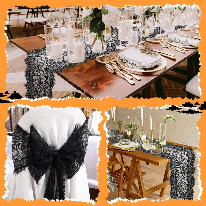 12 Pcs Black Lace Table Runners Rustic Wedding Lace Table Runner Decor Vintage Romantic Black Lace Table Cloth Party Decor For Halloween Engagement Hotel Home Table(Classic)