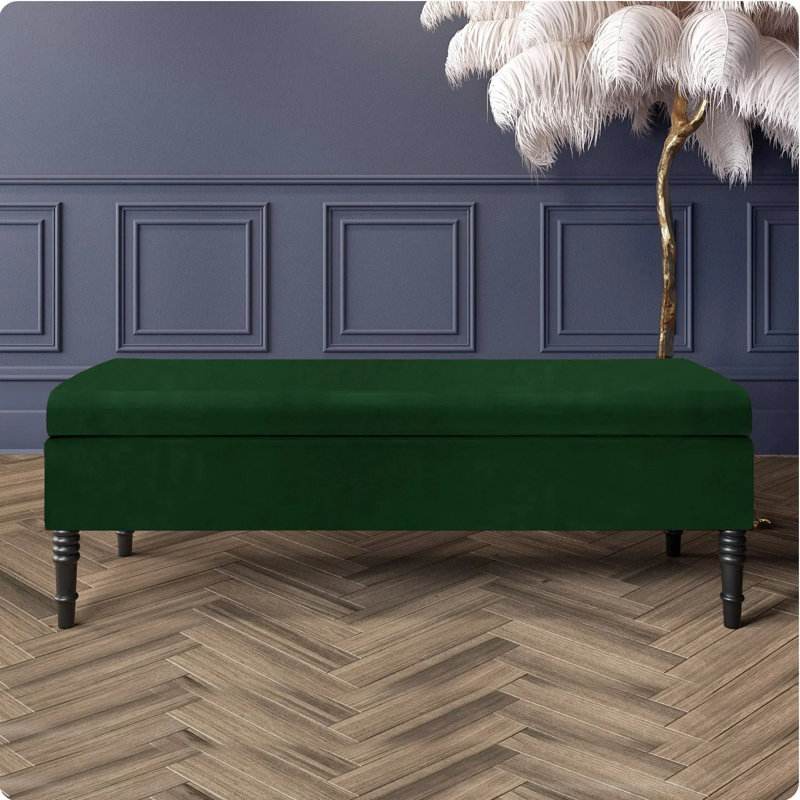 Safar Plain Upholstered Plush Velvet Ottoman Storage Bench with Black Turned Wooden Legs, Forest Green