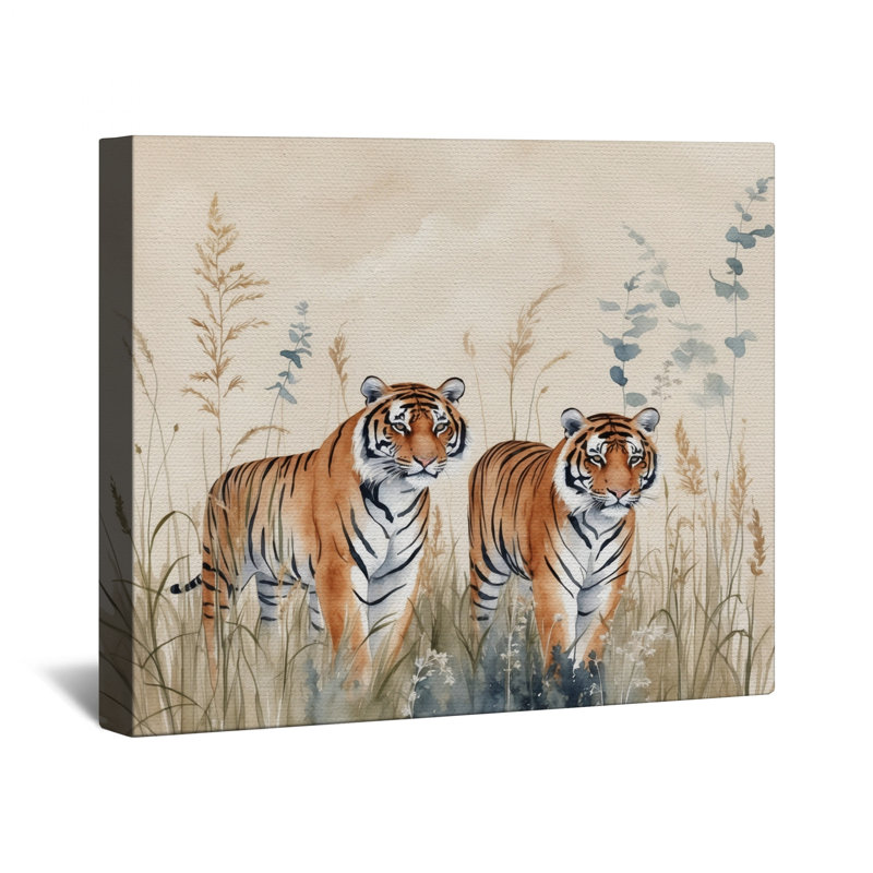 «Two Tigers In Grass», toile tendue dans de nombreuses tailles, 24 po x 36 po