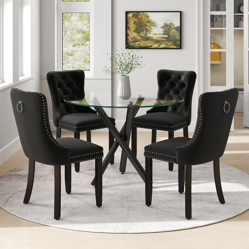 Ensemble de table ronde en verre, 5, Noir, noir, noir, noir