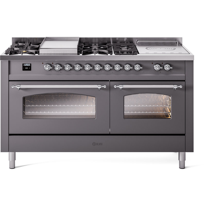 ILVE Nostalgie II 60 Dual Fuel Range, 5 Burners, Griddle, Frenchtop , Stainless Steel/Brass, Liquid Propane