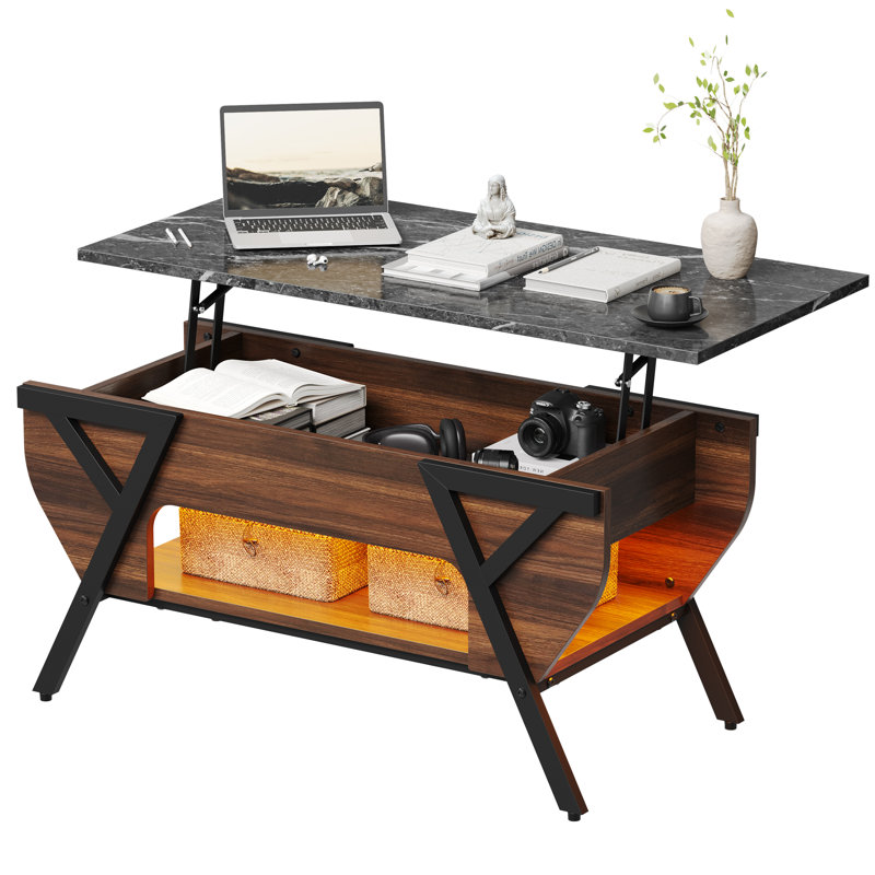 Benigno Lift Top Coffee Table With Hidden Storage, Faux Mable Coffee Table With LED Light, Walnut