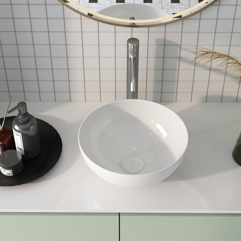 Lavabo de salle de bain vasque circulaire en porcelaine vitreuse 13 po x 13 po DeerValley Symmetry, Blanc