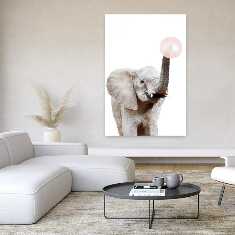 Art mural contemporain Bubblegum Elephant, H 60 po x l 40 po