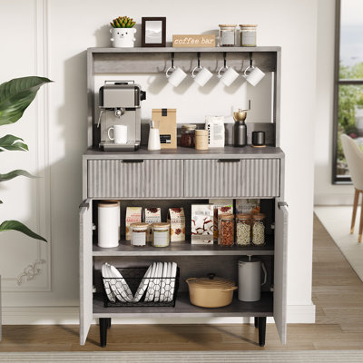 Buffet cannelé avec rangement, armoire à café moderne avec 2 tiroirs et tablettes réglables, console en bois pour la salle à manger, le salon, la cuisine et le couloir (gris)