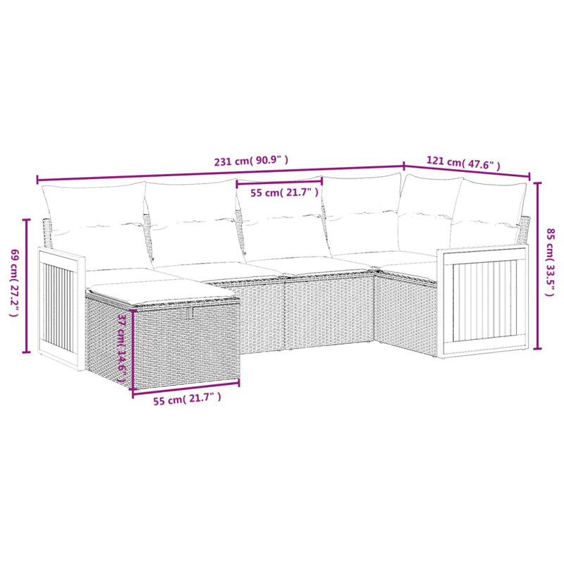 Ensemble de canapé de jardin en rotin PE Vidaxl, acier thermolaqué, polyester