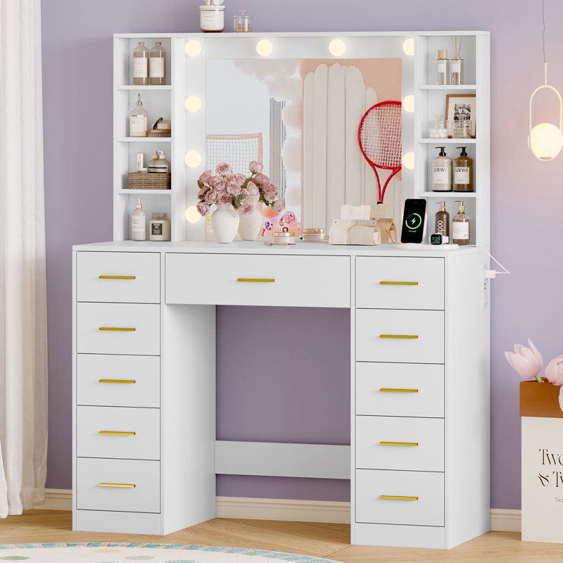 Bureau de coiffeuse avec 11 tiroirs et lumières miroir, grande coiffeuse à maquillage avec 8 tablettes pour la chambre à coucher