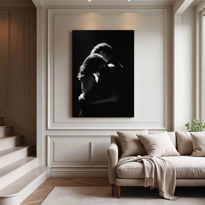 Tableau minimaliste sur toile « Deux silhouettes », impression sur châssis entoilé 61 x 91 cm, couple romantique en noir et blanc, idéal pour la chambre, le salon et l'entrée.
