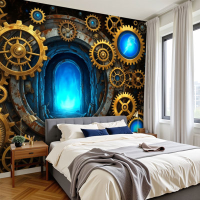 Peel and Stick Wallpaper Steampunk Golden Gears Blue Glass Intricate Mechanical Tunnel Wall Murals 69"H x 96"W Removable PVC Wall Paper Self-Adhesive Wall Decor for Bedroom Living Room Home Office