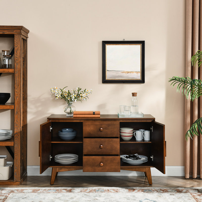 Walnut Mid Century Modern Storage Sideboard. 47.3" Cabinet With 2 Doors & 3 Drawers For Kitchen, Dining, Living Room, Bedroom. Console Table Vintage Flair. Construction. Abundant Storage. Versatile