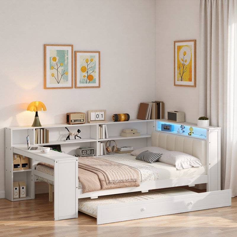 Wood Platform Bed With Storage Shelves, Trundle, Charging Station, Led, Desk And Upholstered Headboard, White
