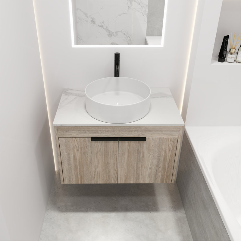 Ensemble de meuble-lavabo moderne 30 po avec lavabo en céramique, meuble-lavabo mural en chêne blanc avec porte à fermeture douce