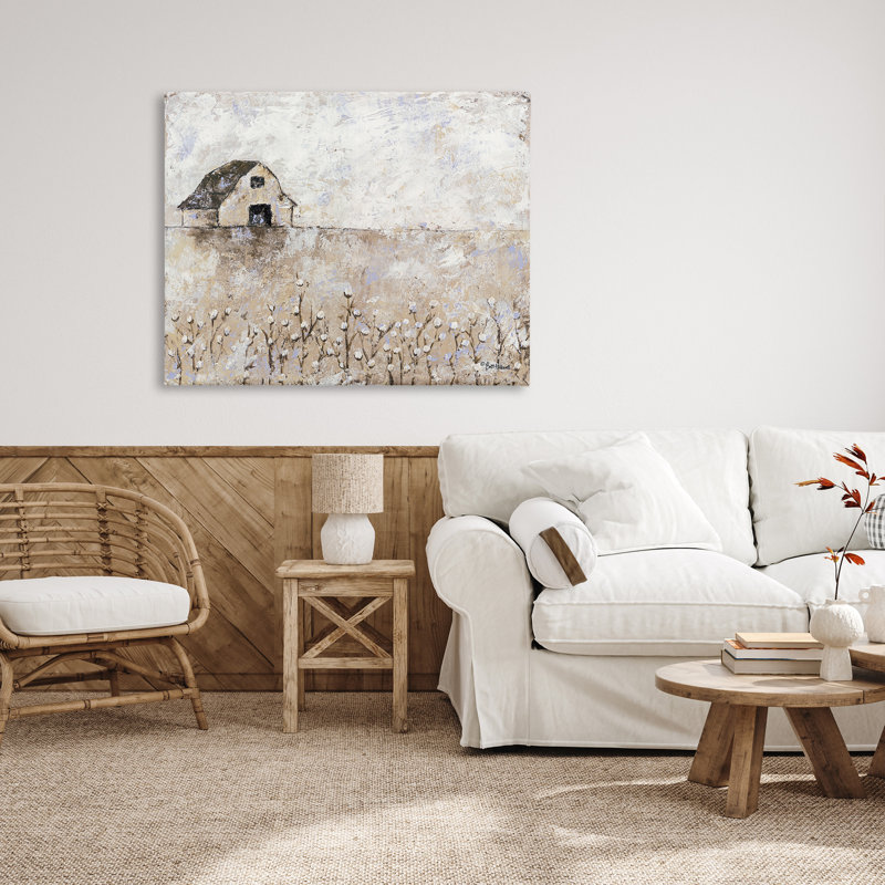 Grange blanche délavée, paysage de champs de coton - peinture, H 36 po x l 48 po