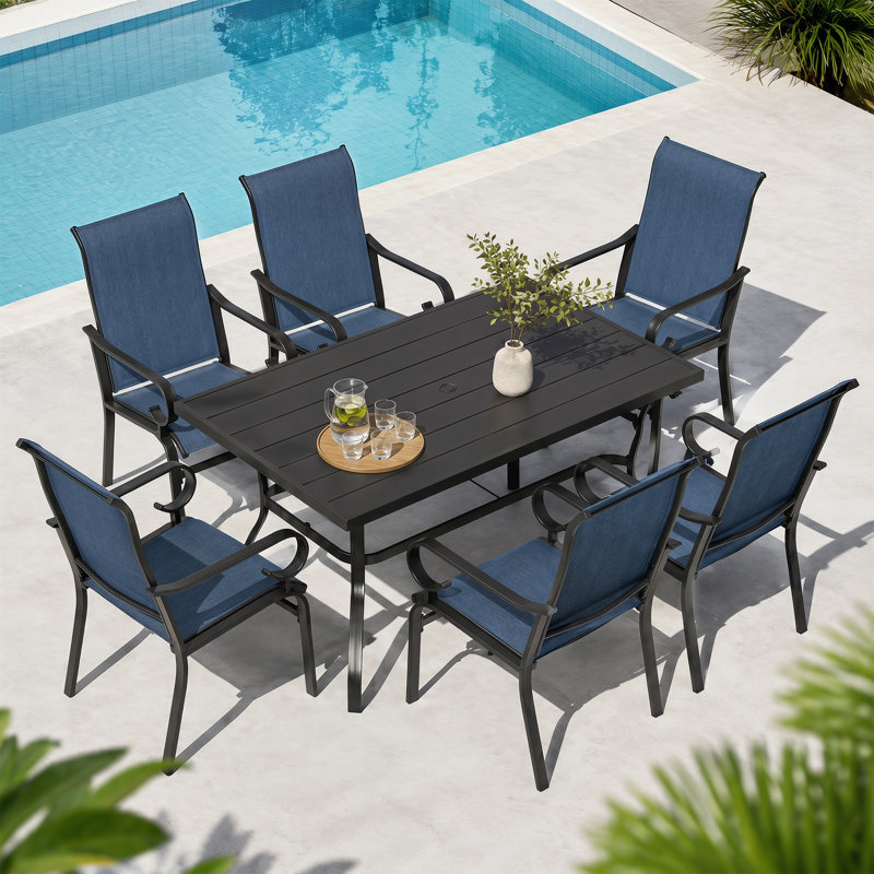 Ensemble de salle à manger 7 pièces avec trou pour parasol et tissu respirant Haughton, 7 Pieces: Table, 6 Fixed Chairs