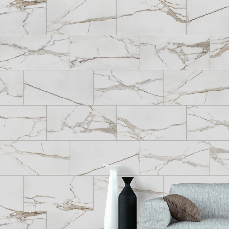 Velluto 12 in. x 24 in. Polished Porcelain Marble Look Floor and Wall Tile, Meringue