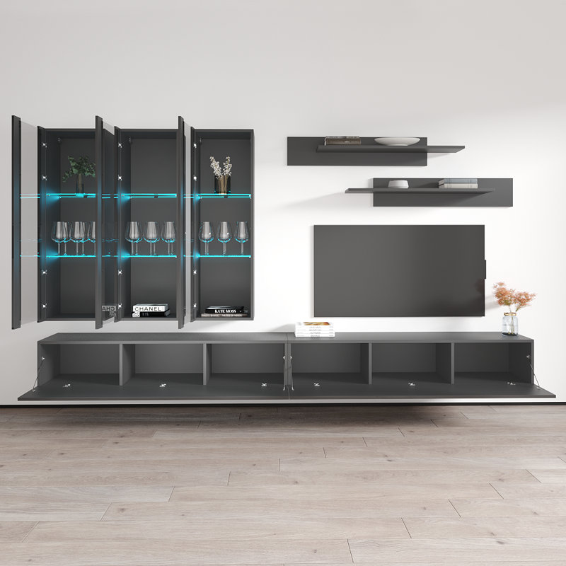 Vredenburgh 126" Modern Floating Wall Mounted Entertainment Center with 16-Color LED Lighting, High Gloss Finish, Gray