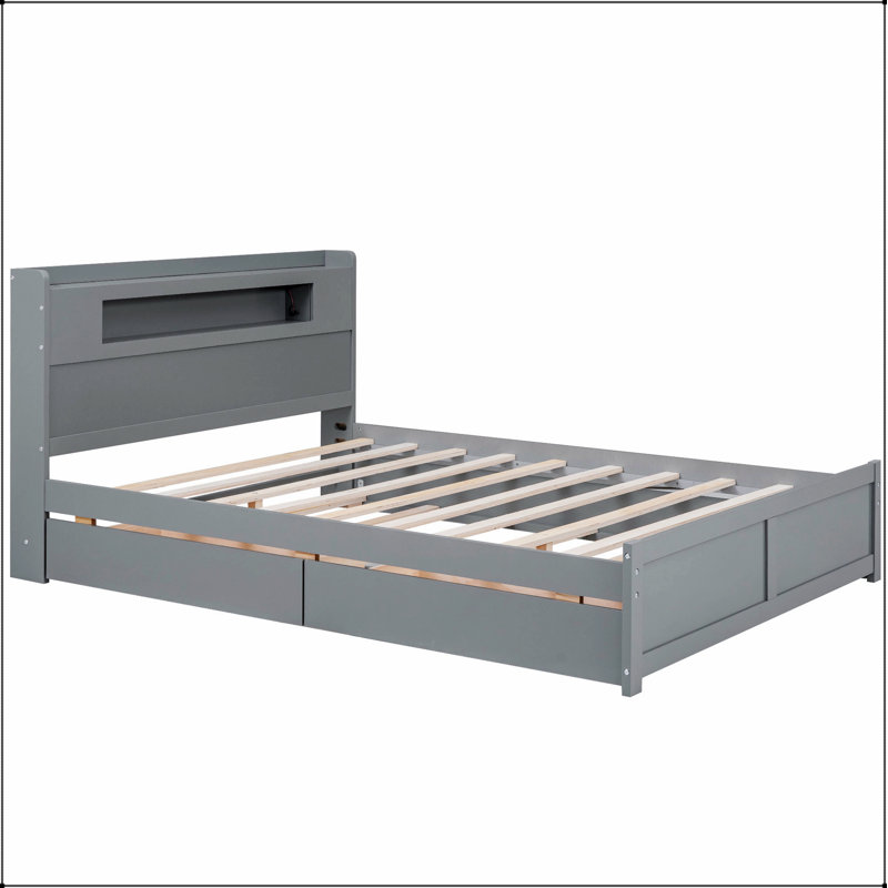 Wood Storage Platform Bed with LED, 2 Drawers and 1 Trundle, Gray