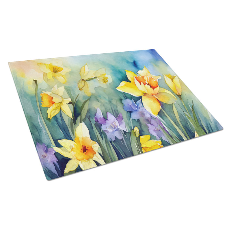 Grandes jonquilles dans une planche à découper en verre aquarelle
