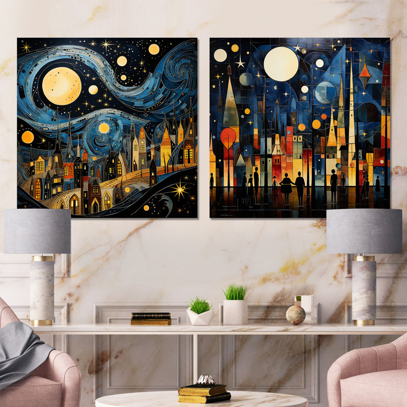 Ensemble de 2 carrés au clair de lune bleu et jaune City Collage At Night I - Cityscape, H 16 po x l 32 po