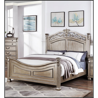 Formal Traditional Antique Silver Bed with Unique Headboard and Footboard Design, Elegant and Durable