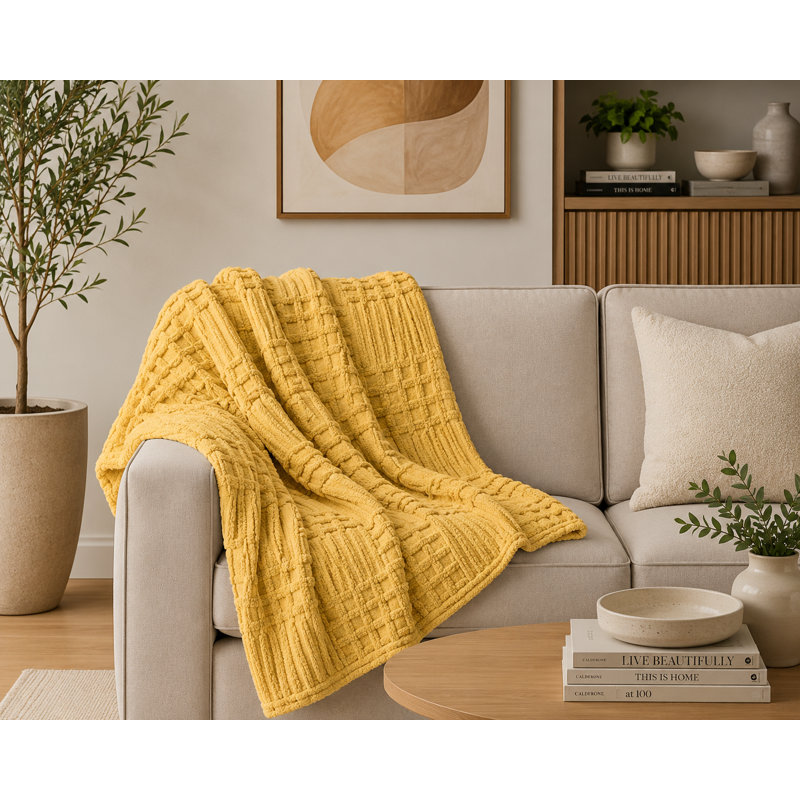 Jeté moutarde en tricot gaufré moutarde 60 po x 80 po, Moutarde