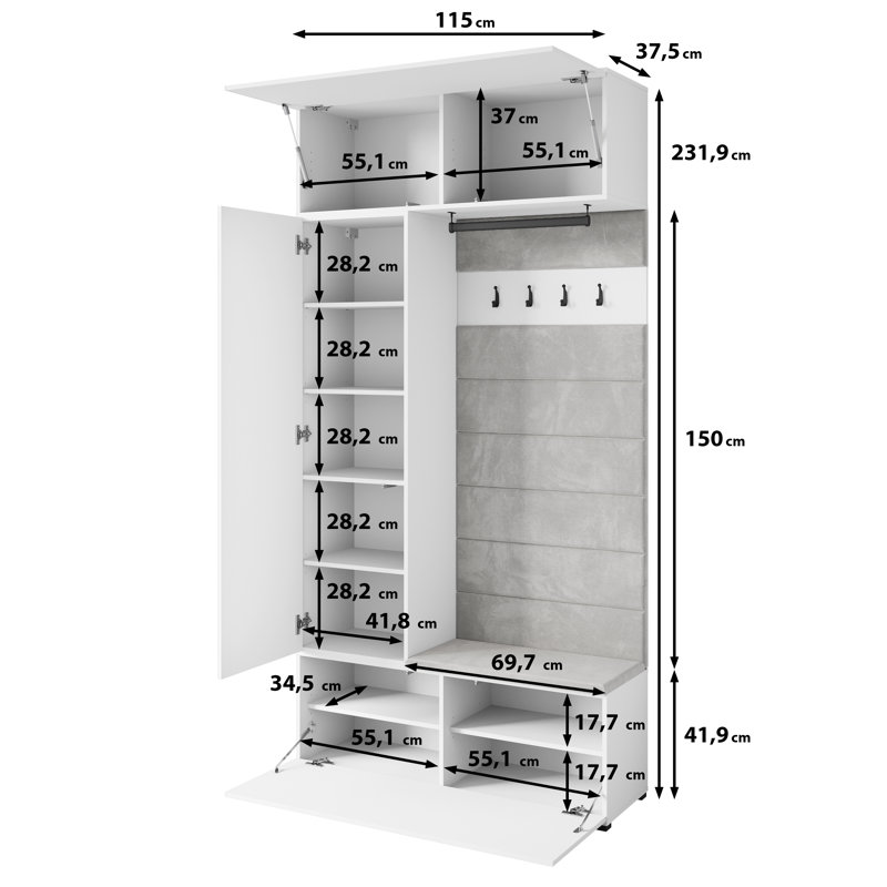 Hall Tree 115cm Wide with Shoe Storage, Misty Green / Upholstered Panel MONO 244