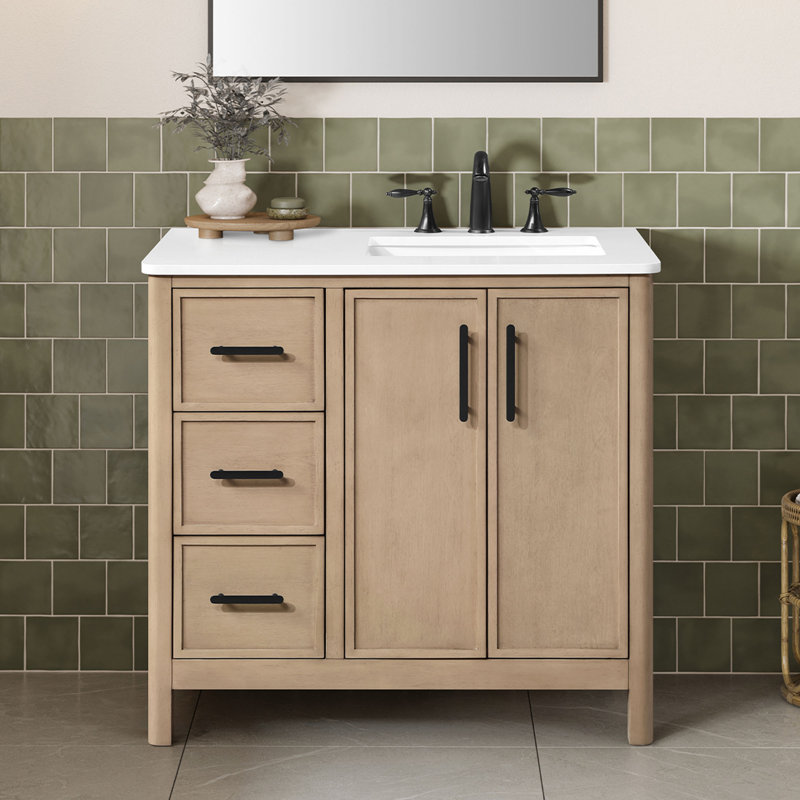 OVE Decors Solas 36 In. Single Sink Freestanding Sahara Birch Bathroom Vanity With White Engineered Stone Top, Sahara Birch