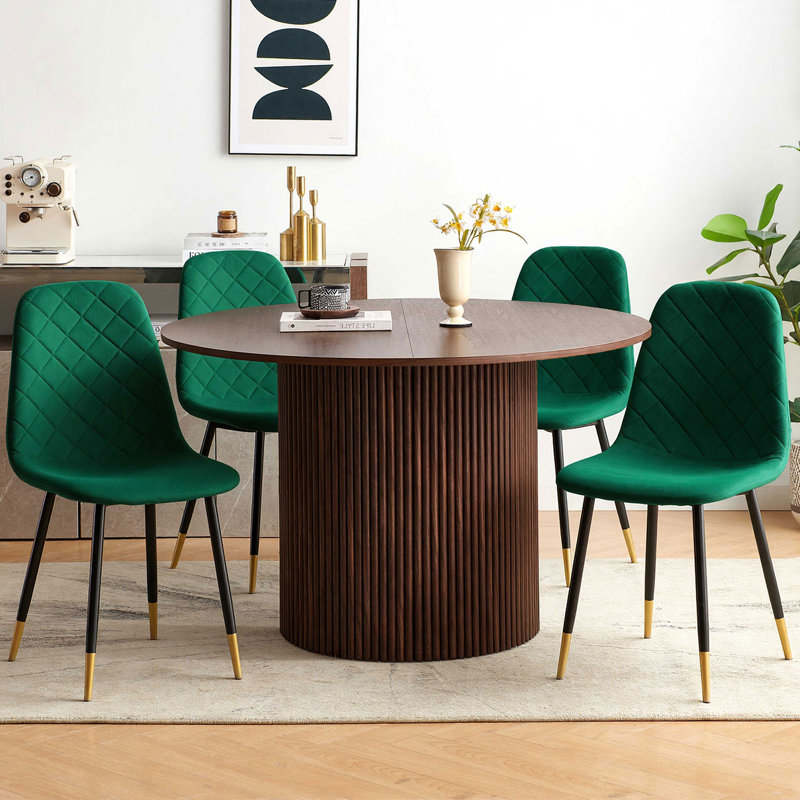5-Piece Dining Table Set,  Wooden Kitchen Table With Upholstered Velvet Chairs, Walnut Brown, Green