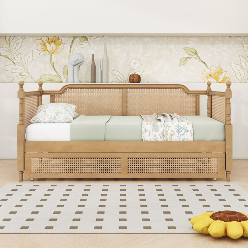 Rattan Wooden Daybed with Twin Trundle, Twin, Antique Walnut