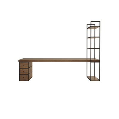 86.61" Light-walnut + Black Rectangular Solid Wood + Iron with 3 drawers Desk
